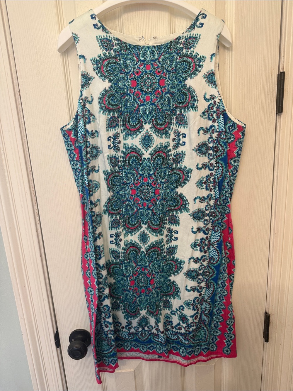 London Style White Mini Dress with Teal and Pink Medallion Print